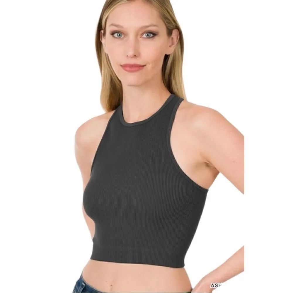 NWT RIBBED SEAMLESS HIGH-NECK CROPPED TANK TOP ASH GRAY